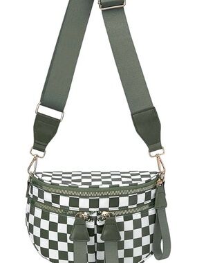 Green Checkboard Crossbody Bag with Adjustable Strap